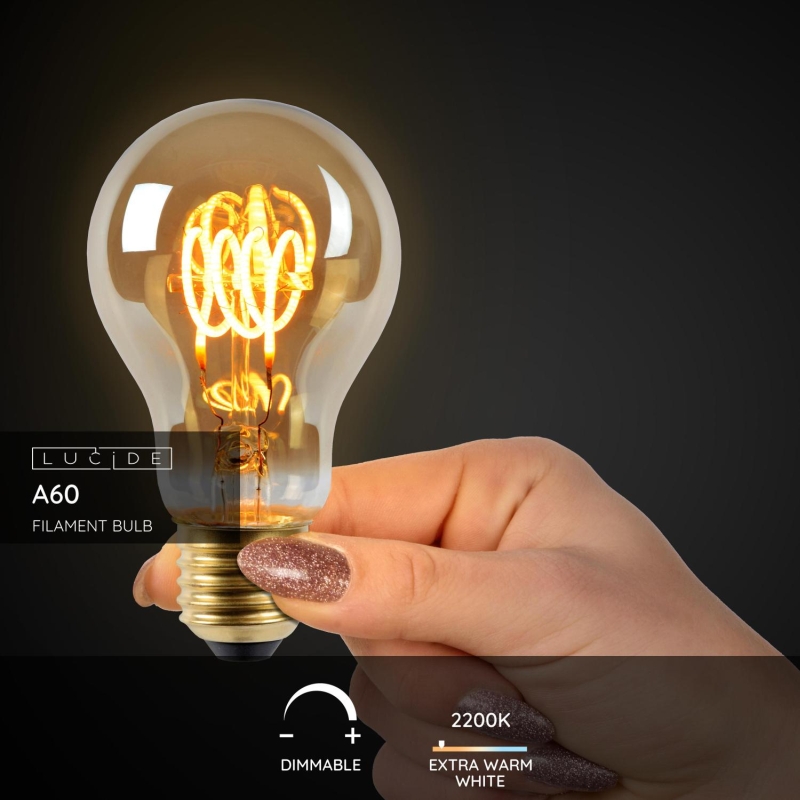 Lucide A60 - Žiarovka s vláknom - Ø 6 cm - LED Rozm. - E27 - 1x5W 2200K - Jantárová